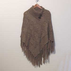Women's Turtleneck Batwing Sleeve Fringe Trim Knit Poncho